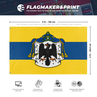A mockup depicting custom flag specifications and measurements for 'Missian Royal Flag'