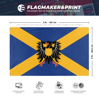 A mockup depicting custom flag specifications and measurements for 'Base-Cubed Flag'