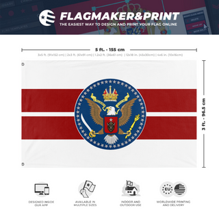 A mockup depicting custom flag specifications and measurements for 'Monarchists of America Buffalo variant flag'