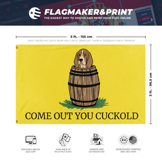 A mockup depicting custom flag specifications and measurements for 'Come Out You Cuckold Gadsden flag'