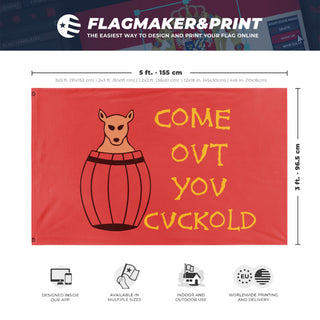 A mockup depicting custom flag specifications and measurements for 'Come Out You Cuckold flag'