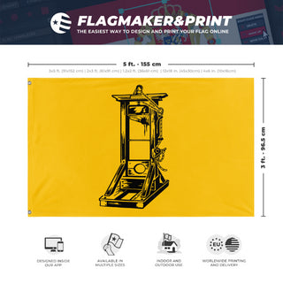 A mockup depicting custom flag specifications and measurements for 'Yellow Guillotine flag'