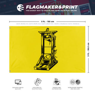 A mockup depicting custom flag specifications and measurements for 'Yellow Guillotine flag'