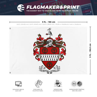 A mockup depicting custom flag specifications and measurements for 'Satterlee Family flag'