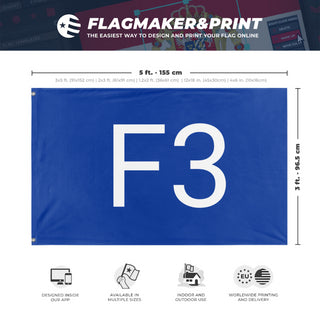 A mockup depicting custom flag specifications and measurements for 'Flag of F3'