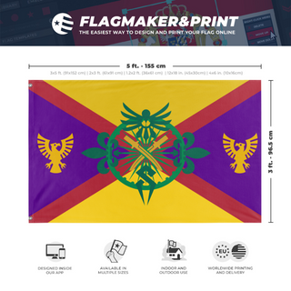 A mockup depicting custom flag specifications and measurements for 'Empire of Caasia Hand Flag'