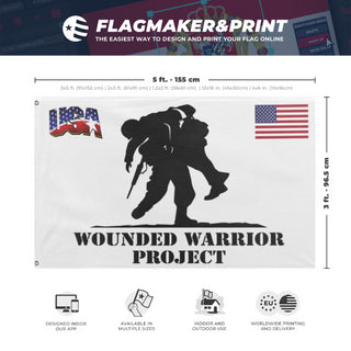 A mockup depicting custom flag specifications and measurements for 'Wounded Warrior flag'