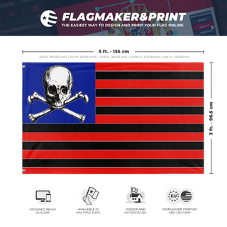 A mockup depicting custom flag specifications and measurements for 'ROGUE STATE flag'