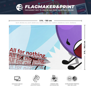 A mockup depicting custom flag specifications and measurements for 'All For Nothing flag'