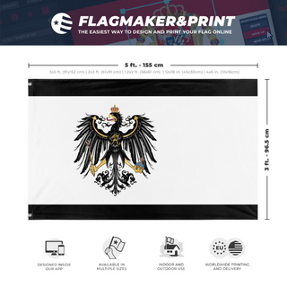 A mockup depicting custom flag specifications and measurements for 'Flag of Prussia'
