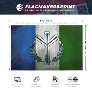 A mockup depicting custom flag specifications and measurements for 'New Cascadia flag'