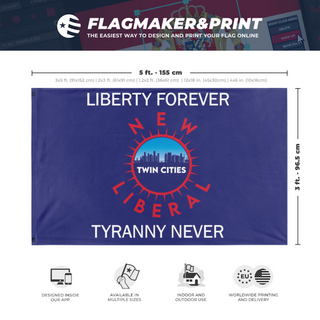 A mockup depicting custom flag specifications and measurements for 'TC NEW LIBS flag'