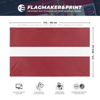 A mockup depicting custom flag specifications and measurements for 'Latvian flag'
