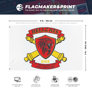 A mockup depicting custom flag specifications and measurements for 'HELLCAT HOR flag'