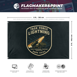 A mockup depicting custom flag specifications and measurements for 'TFL HOR flag'