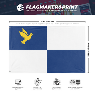 A mockup depicting custom flag specifications and measurements for 'Voslage flag'