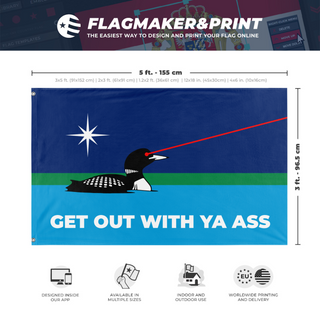 A mockup depicting custom flag specifications and measurements for 'Minnesota Laser Loon ICE get out flag'