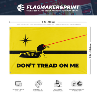 A mockup depicting custom flag specifications and measurements for 'Minnesota Laser Loon Gadsden flag'
