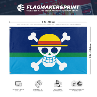 A mockup depicting custom flag specifications and measurements for 'Minnesota Laser Loon Straw Hat Pirates flag'