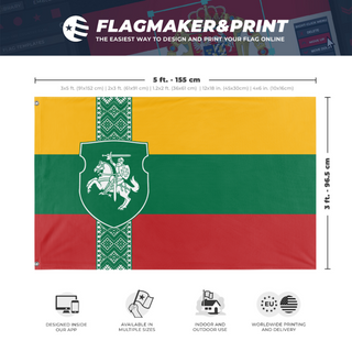 A mockup depicting custom flag specifications and measurements for 'Lithuania Coat of Arms Flag'