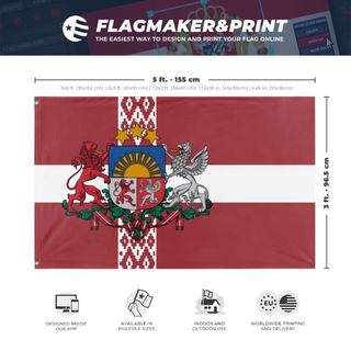 A mockup depicting custom flag specifications and measurements for 'Latvian Coat of Arms flag'