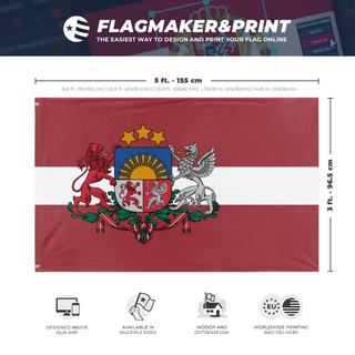 A mockup depicting custom flag specifications and measurements for 'Latvian Coat of Arms Flag'