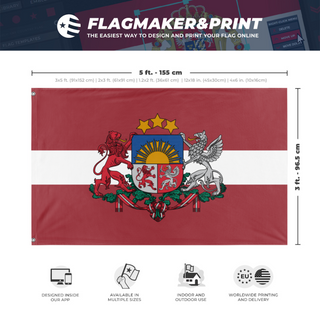 A mockup depicting custom flag specifications and measurements for 'Latvian Coat of Arms flag'
