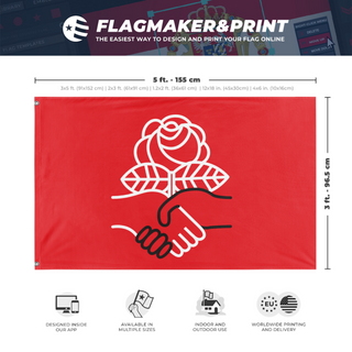 A mockup depicting custom flag specifications and measurements for 'Democratic Socialists of America flag'