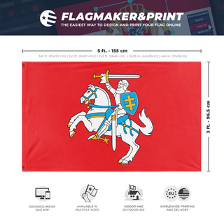 A mockup depicting custom flag specifications and measurements for 'Lithuanian Coat of Arms flag'