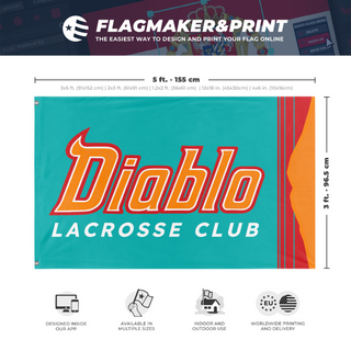 A mockup depicting custom flag specifications and measurements for 'DIABLO-LAX-v2-REORDER flag'