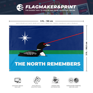 A mockup depicting custom flag specifications and measurements for 'Minnesota Laser Loon flag'