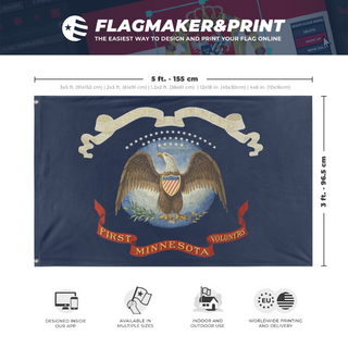A mockup depicting custom flag specifications and measurements for 'First MN Volunrs flag'