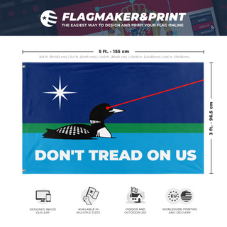 A mockup depicting custom flag specifications and measurements for 'Laser Loon Don't Tread On Us flag'