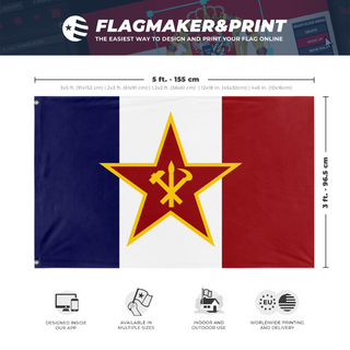 A mockup depicting custom flag specifications and measurements for 'Worker's Republic of France flag'