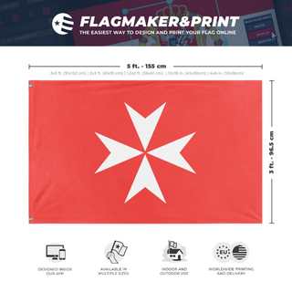 A mockup depicting custom flag specifications and measurements for 'Maltese Cross flag'