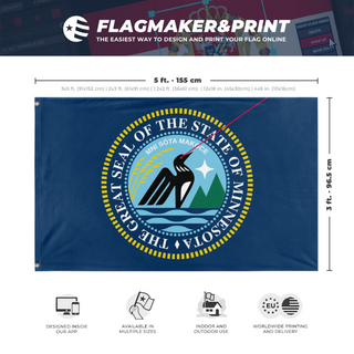 A mockup depicting custom flag specifications and measurements for 'Minnesota State Seal Laser Loon flag'