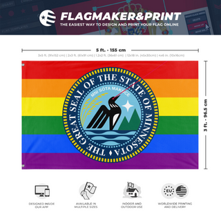A mockup depicting custom flag specifications and measurements for 'Minnesota Laser Loon Pride flag'