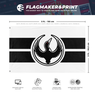 A mockup depicting custom flag specifications and measurements for 'Minnesota Rebel Alliance flag'