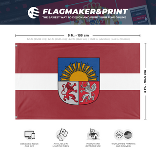 A mockup depicting custom flag specifications and measurements for 'Latvian Coat of Arms flag'