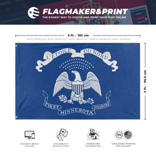 A mockup depicting custom flag specifications and measurements for 'Modern First Minnesota Volunteers flag'