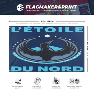 A mockup depicting custom flag specifications and measurements for 'L'etoile Du Nord flag'