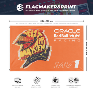 A mockup depicting custom flag specifications and measurements for 'MV1 flag'