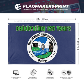A mockup depicting custom flag specifications and measurements for 'Harold Boys National School flag'