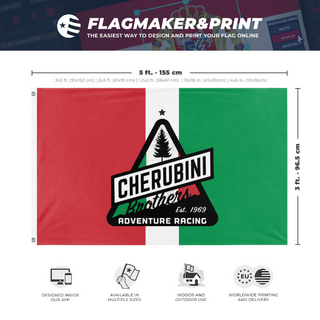 A mockup depicting custom flag specifications and measurements for 'Cherubni-racing-ital flag'