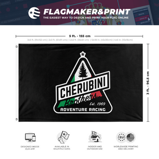 A mockup depicting custom flag specifications and measurements for 'Cherubini-racing-black flag'