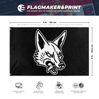 A mockup depicting custom flag specifications and measurements for 'Jackal flag'