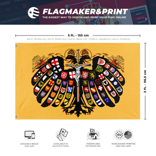 A mockup depicting custom flag specifications and measurements for 'Quaternion Flag of the Holy Roman Empire'