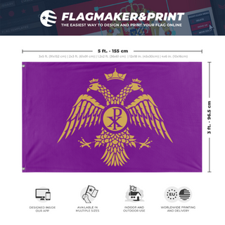A mockup depicting custom flag specifications and measurements for 'Byzantine Empire Double-Headed Eagle flag'