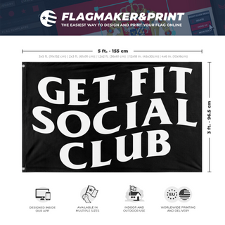 A mockup depicting custom flag specifications and measurements for 'GET FIT SOCIAL CLUB flag'