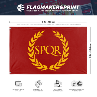 A mockup depicting custom flag specifications and measurements for 'Roman Empire flag'